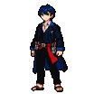 Young man with tousled dark blue hair, wearing a white shirt with blue collar, black vest, flowing black coat with blue lining, red sash, and brown sandals. Mechanical gadgets are attached to his belt.