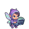 Pixie in a purple hooded robe and iridescent wings intently typing on a glowing laptop.