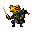 A heavily armored warrior with a golden mask wields a glowing fiery sword.