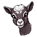 Head and upper neck of a young goat, facing slightly right with head tilted. It has large, dark eyes, a slightly open pink mouth, and pointed ears. A white V-shaped marking is on its forehead.