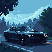 Car driving on a winding road at twilight with headlights illuminating the path.