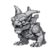 A stone gargoyle with sharp teeth and glowing eyes bounds forward with a determined, playful bounce.