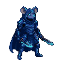 Anthropomorphic rat warrior wearing dark armor and a hood, holding two glowing cyan swords.