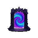 Ornate gothic archway framing a swirling portal of teal, cyan, blue, and purple energy with pink sparks at the bottom, set against a solid teal-cyan background.