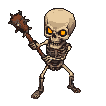 Skeletal warrior with glowing orange eye sockets, mid-swing with a spiked club, from a 3/4 top-down perspective.