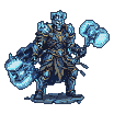 Warrior in dark ornate armor and flowing cape, wielding two glowing blue icy hammers, poised for combat.
