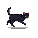 A pixelated black cat with bright yellow eyes is captured mid-stride against a reddish-pink backdrop, exuding a sense of focused energy and playful mystery. Its open mouth and raised tail suggest a meow or a playful mood.