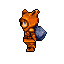 Stylized humanoid character in orange metallic armor, facing left in profile. It has a single large light blue eye and carries a blue-gray sack over its left shoulder. The background is a flat purple-gray.