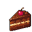 Pixel art chocolate cake with cherry, swirled lollipop, gummy candies, chocolate chip cookie, and candy apple.