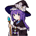 This pixel art bust features a cute, anime-style witch with striking purple hair and a detailed hat, clutching a magical staff. Her gentle expression and ornate attire create a whimsical and enchanting vibe against a vibrant cyan backdrop.
