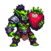 Pixel Art: orc is running fast with huge strawberry (generated with AI by sandacz).