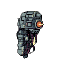 Blocky grey and dark grey mechanical weapon with a glowing orange barrel, set against a dark teal background.