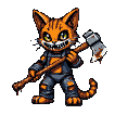 Anthropomorphic orange tabby cat with sharp teeth grins menacingly, holding a blood-stained axe over its shoulder.