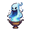 A translucent, blue-glowing Djinn with hollow eyes and a menacing grin billows from an ornate brass lamp.
