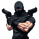 Figure in dark tactical gear and balaclava, holding two handguns aimed outward, with bright red pixelated eyes, against a dark grey background.