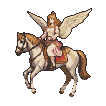 An angel with auburn hair and feathered wings sits on a white horse with a golden mane and tail.