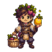 Young merchant with a fruit crown offers a glowing magical apple, with a basket of produce beside them.