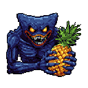 A dark, segmented creature with glowing orange eyes and a toothy grin holds a large pineapple close to its chest.