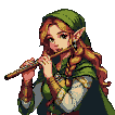 Young woman with pointed ears playing a wooden flute, wearing a green hooded cloak and braided hair with gold accents.
