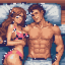 This pixel art image captures a relaxed and intimate moment between a couple lounging together. The woman in a pink checkered bikini and the shirtless man convey a sense of leisure and connection in a warm-toned, retro-style scene.