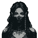 Stylized bust of a female elf or human with pointed ears, looking directly at the viewer with a solemn expression. Her dark gray hair frames her face and falls over her shoulders, with a visible ornamental pattern around her neck. The portrait is rendered in shades of gray against a dark gray background.