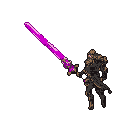 Heavily armored warrior holding an oversized sword with a glowing purple blade, against a plain brown background.