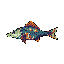 This pixel art showcases a beautifully patterned fish in a muted color palette, reminiscent of retro games. The detailed, camouflage-like design against a simple backdrop creates a calm and observational study of the creature.