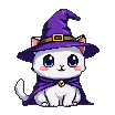 A white kitten wearing a purple witch hat and cape, with blue eyes and a golden bell. The kitten blinks and shifts slightly.