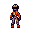 Pixelated figure in an orange jacket and dark helmet dancing joyfully.