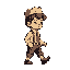 This pixel art image features a vintage-styled man in mid-stride, complete with a newsboy cap and suspenders, rendered in a simple, nostalgic brown-toned palette. His determined expression and walking pose evoke a sense of purpose.
