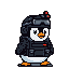 Pixel art penguin in tactical gear, helmet, goggles, and bulletproof vest, aiming a firearm.