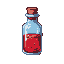 A pixelated potion bottle, filled with vibrant red liquid and sealed with a cork, floats against a deep maroon backdrop. The stylized design and classic pixel art evoke a sense of fantasy and hidden power.