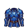 Collection of vibrant, cell-shaded pixel art fantasy armors in sapphire blue, emerald green, regal purple, and fiery red, featuring metallic sheens, buckles, chainmail, and glowing symbols.