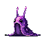 Amorphous purple slug-like creature with wide eyes and a gaping mouth, resting on a dark surface against a black background.