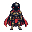 A mysterious warrior in golden armor and a red cape idles patiently, their glowing red eyes peering from a spherical black helmet.