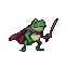 A determined, pixelated frog in a cape lunges forward with a sword, attacking.