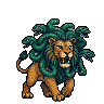 A lion with a mane of writhing emerald-green serpents, snarling with jaws agape.
