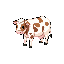 A cow with creamy white and reddish-brown patches, facing left in 3/4 profile.