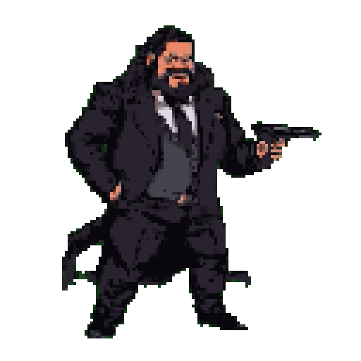 Man with dark beard and long hair, wearing a dark suit and vest, stands with pistol aimed in his right hand and left hand on hip.