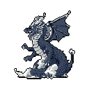 Profile view of a gray and white dragon in a seated pose, facing left. It has an 'S' curved body, raised head with open mouth showing fangs, a crest, and a snout horn. Bat-like wings are folded behind. Forelimbs are bent with clawed paws extended. The tail curves up with a tufted tip. The dragon rests on a white cloud-like mass against a solid gray background.