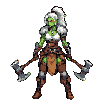 Green-skinned orc warrior with twin axes, wearing leather armor and fur, in a dynamic fighting stance with fierce determination.