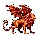 A pixel art creature, a hybrid of a lion and a winged beast, stands in profile facing right. It has a lion-like body with large, spread wings, an open mouth with fangs, and a tufted tail. The creature is rendered in vibrant, fiery colors of orange, red, and yellow, with highlights that suggest flames.
