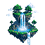 This pixel art depicts a serene scene of floating islands and a cascading waterfall. The vibrant land and water elements pop against a dark blue background, creating a peaceful and magical dreamscape.