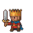 A small king in a golden crown and blue cape swings a gleaming sword.