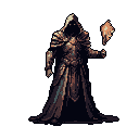 Figure in a dark hooded cloak and ornate armor, holding a glowing crystalline object aloft.