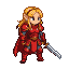 Crimson-armored warrior with blonde hair tied back by a circlet, holding a sword in a dynamic fighting stance with a subtle pulsing effect.