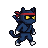 Black cat ninja in dark blue attire, red bandana, sunglasses, white-tipped paws, and sheathed sword, in dynamic action poses.