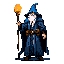 Elderly wizard with a long white beard and pointed hat, holding a glowing orange and yellow orb staff.