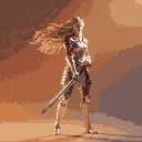 Pixel Art: walking calmly, one hand holding the sword on her shoulder (generated with AI by Alouka).