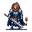 Anthropomorphic lion knight in grey and silver armor, holding a broadsword downwards. The lion's orange and brown mane frames its face. A dark blue cape flows behind.